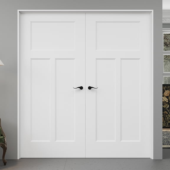 72" x 80" T Shape Double Doors with French Door Ready-to-Assemble Jamb, Molded Solid Core Door, Black Levers & Hinges, Interior Door, Pre-finished & Paintable, White