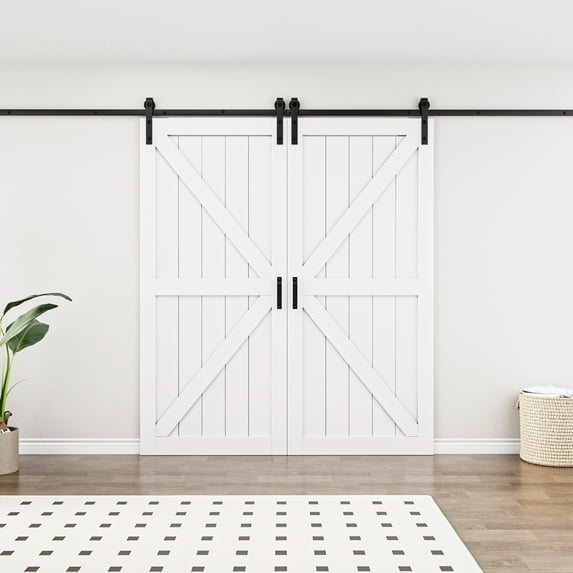72'' x 84'' Modern K Shape Primed Sliding Barn Door with Installation Hardware Kit (Double Door & Soft Close Optional)