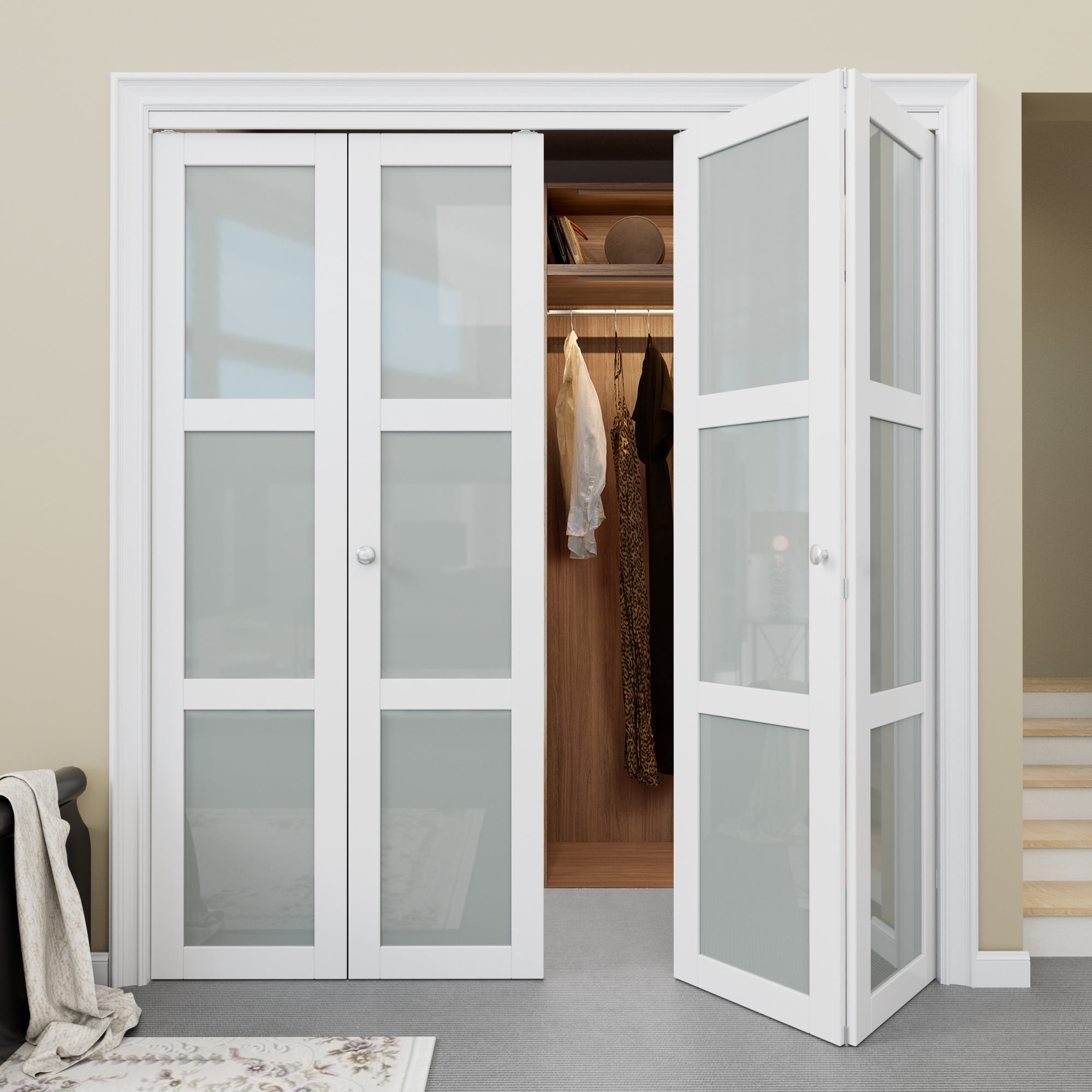 72" x 96" 3-Lite Frosted Glass Bifold Doors with Hardware Kit & Knob