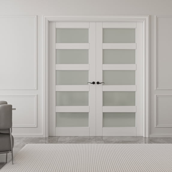 72" x 96" 5-Lite Frosted Glass French door Wood And Manufacturing Wood French Door With Hardware Kit