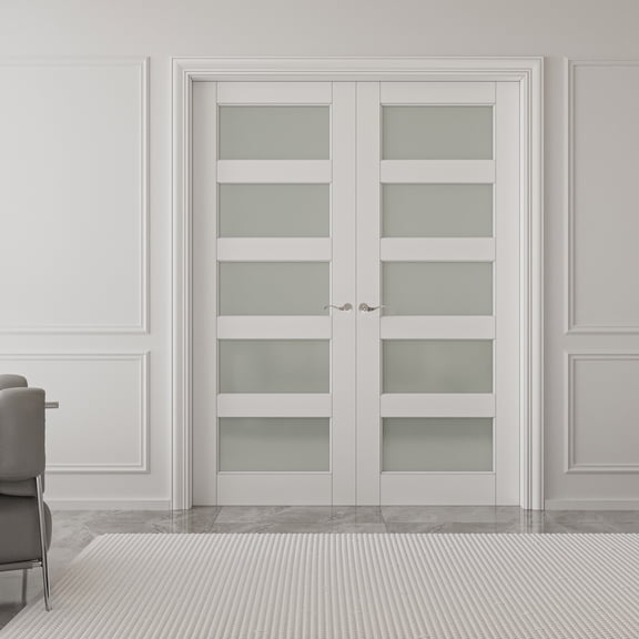 72" x 96" 5-Lite Frosted Glass French door Wood And Manufacturing Wood French Door With Hardware Kit