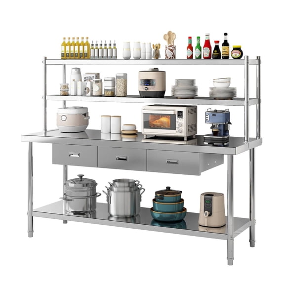72"x24" Stainless Steel Table with Overshelves & 3 Drawers, Commercial Kitchen Prep & Work Table, 4-Tier Metal Table Worktable Workstation, 1460 lbs Total Capacity