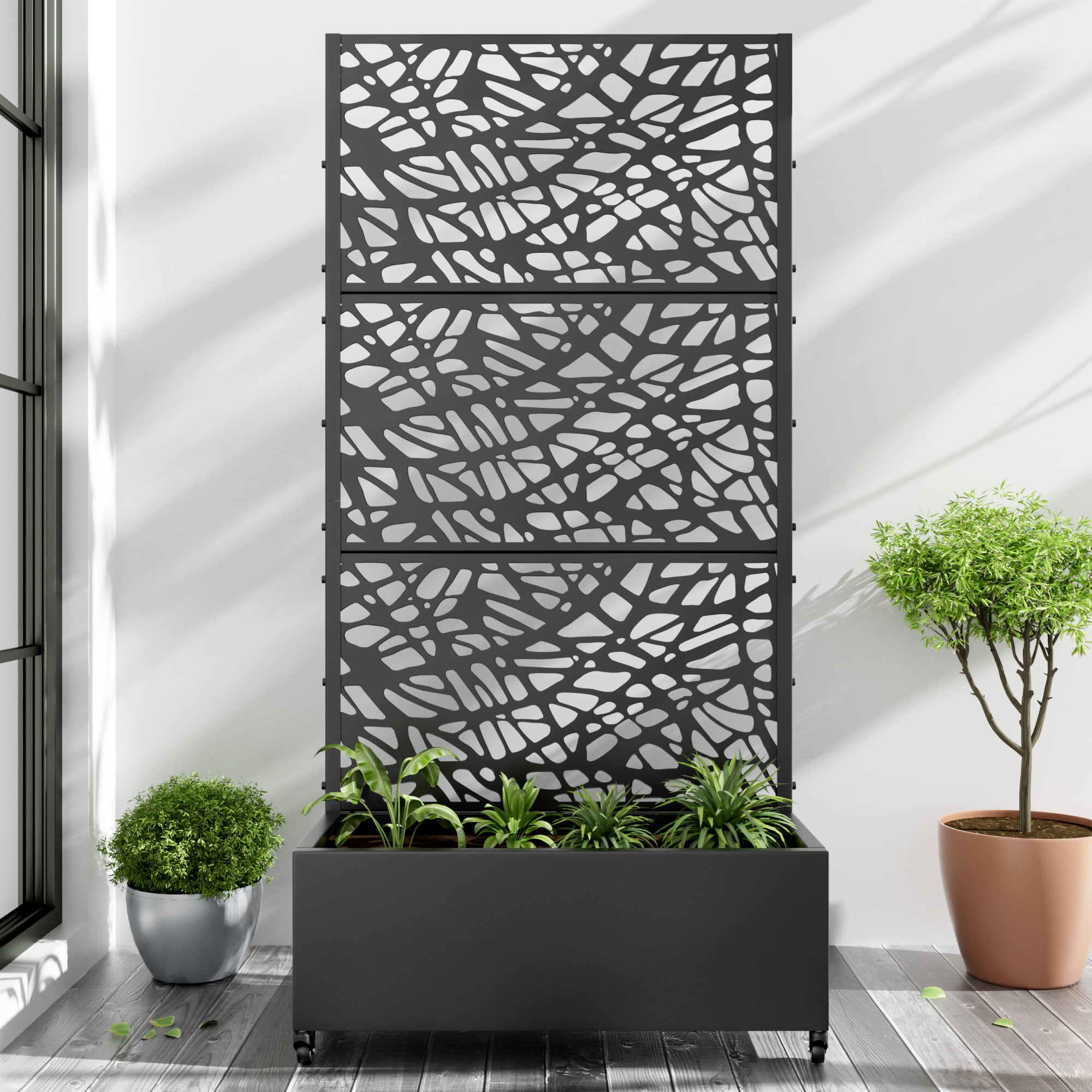 MAYEERTY 72"x35" Metal Black Rectangle Pots and Planter Raised Box with Trellis for Vine Climbing Plants