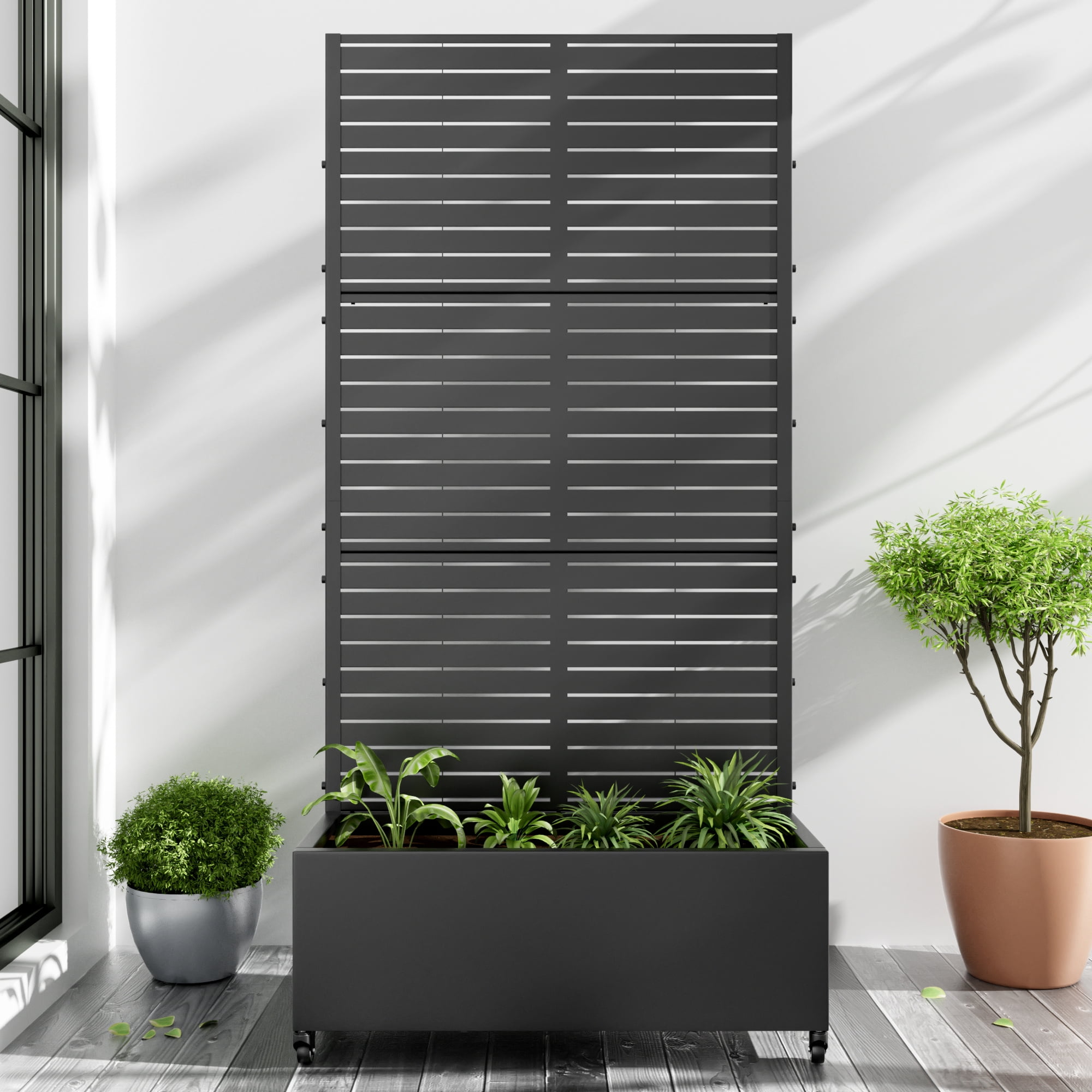 MAYEERTY 72"x35" Metal Black Rectangle Planter Box, Outdoor Raised Garden Beds with Trellis for Vine Climbing Plants