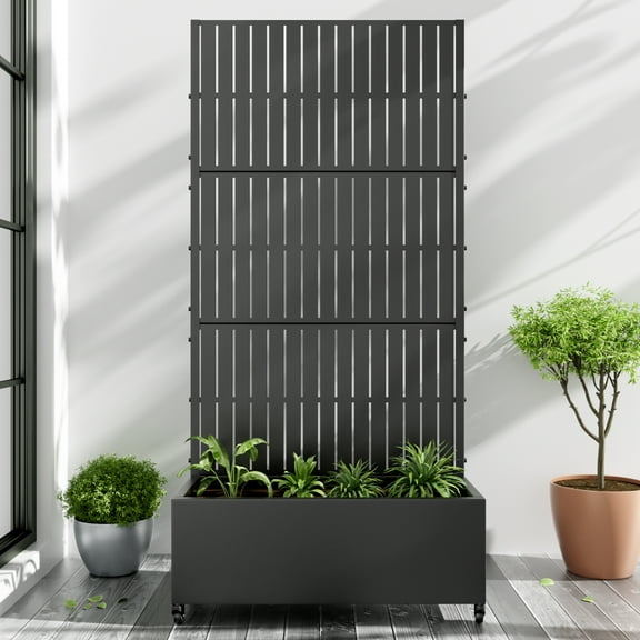 72"x35" Metal Black Rectangle Pots and Planter Raised Box with Trellis for Vine Climbing Plants