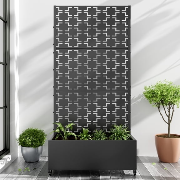 72"x35" Metal Black Rectangle Pots and Planter Raised Box with Trellis for Vine Climbing Plants