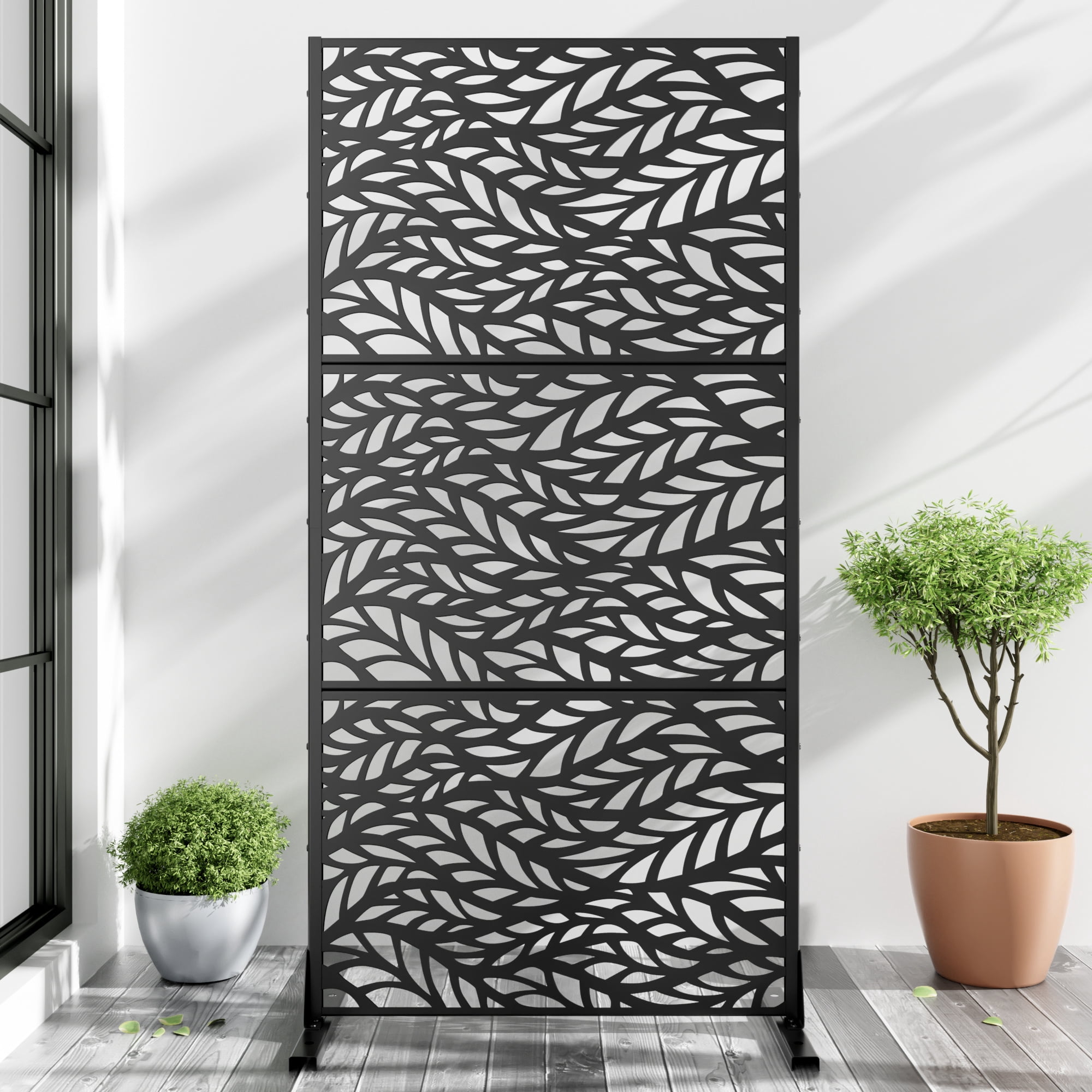 72"x35"x16" Outdoor Privacy Screen with Stand Metal Balcony Decorative Screen,Black