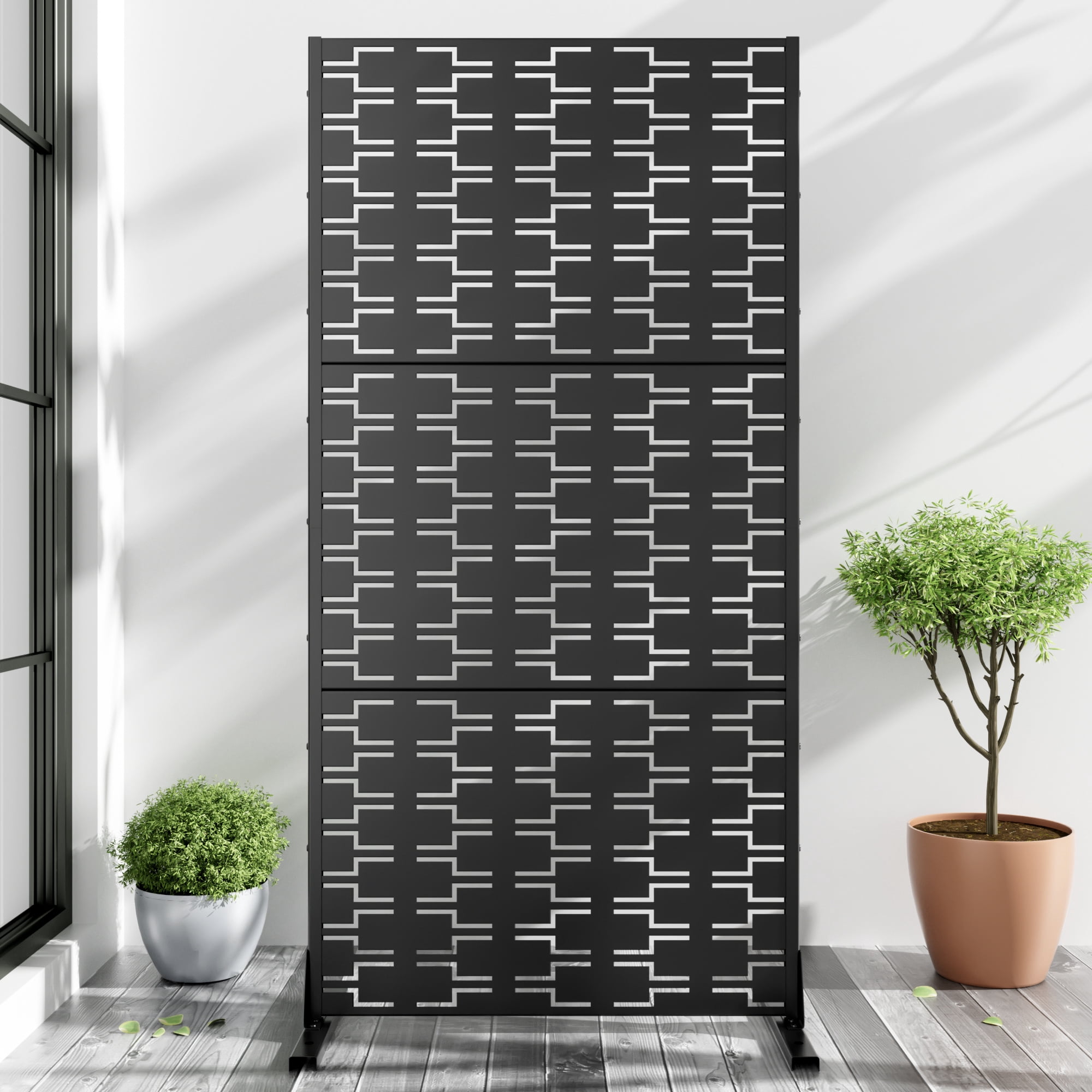 72"x35"x16" Outdoor Privacy Screen with Stand Metal Balcony Decorative Screen,Black