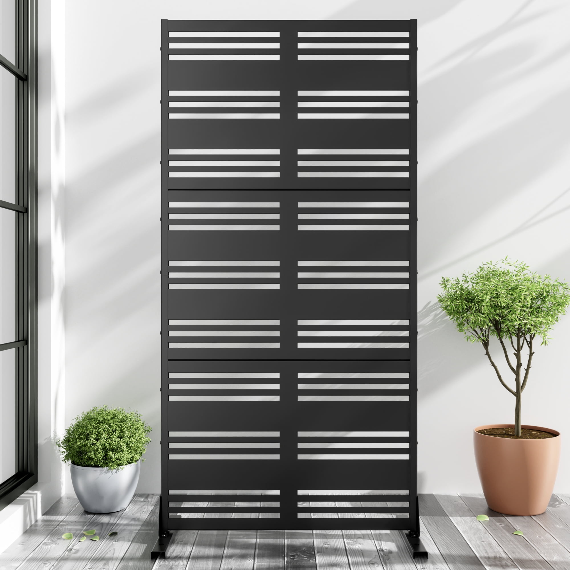 72"x35"x16" Outdoor Privacy Screen with Stand Metal Balcony Decorative Screen,Black