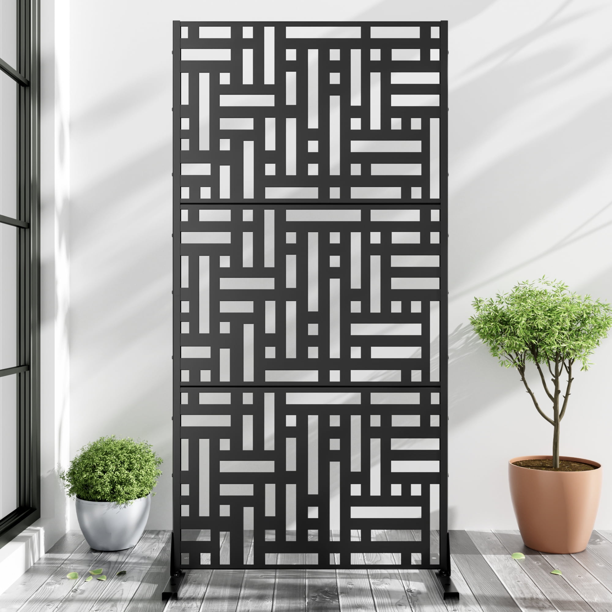 72"x35"x16" Outdoor Privacy Screen with Stand Metal Balcony Decorative Screen,Black