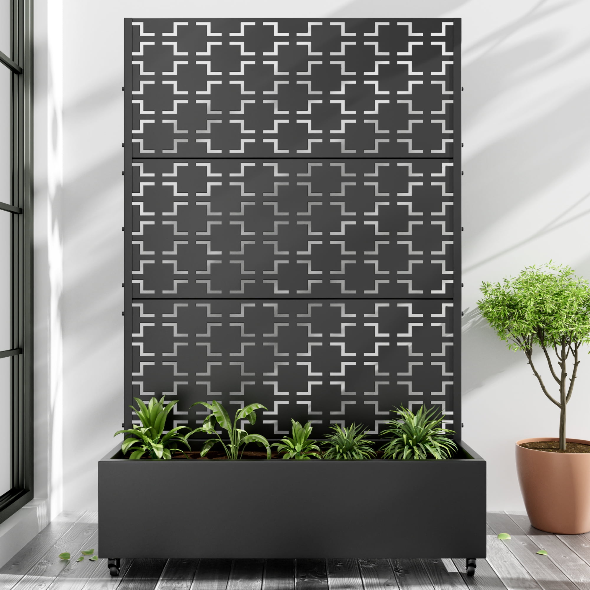 MAYEERTY 72"x47" Metal Rectangle Flower Pots and Planter Raised Box with Trellis for Vine Climbing Plants, Black