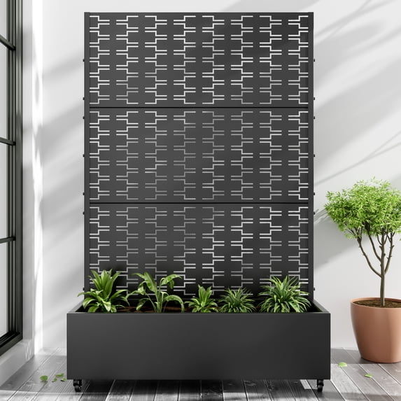 72"x47" Metal Black Rectangle Pots and Planter Raised Box with Trellis for Vine Climbing Plants