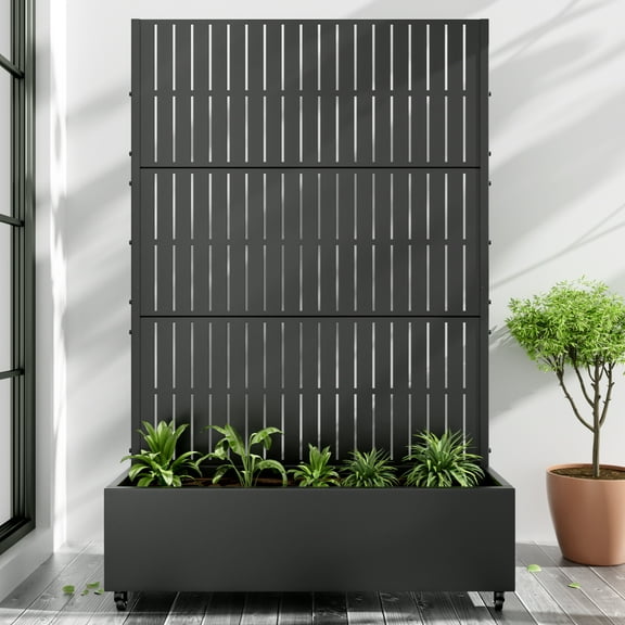 72"x47" Metal Black Rectangle Pots and Planter Raised Box with Trellis for Vine Climbing Plants
