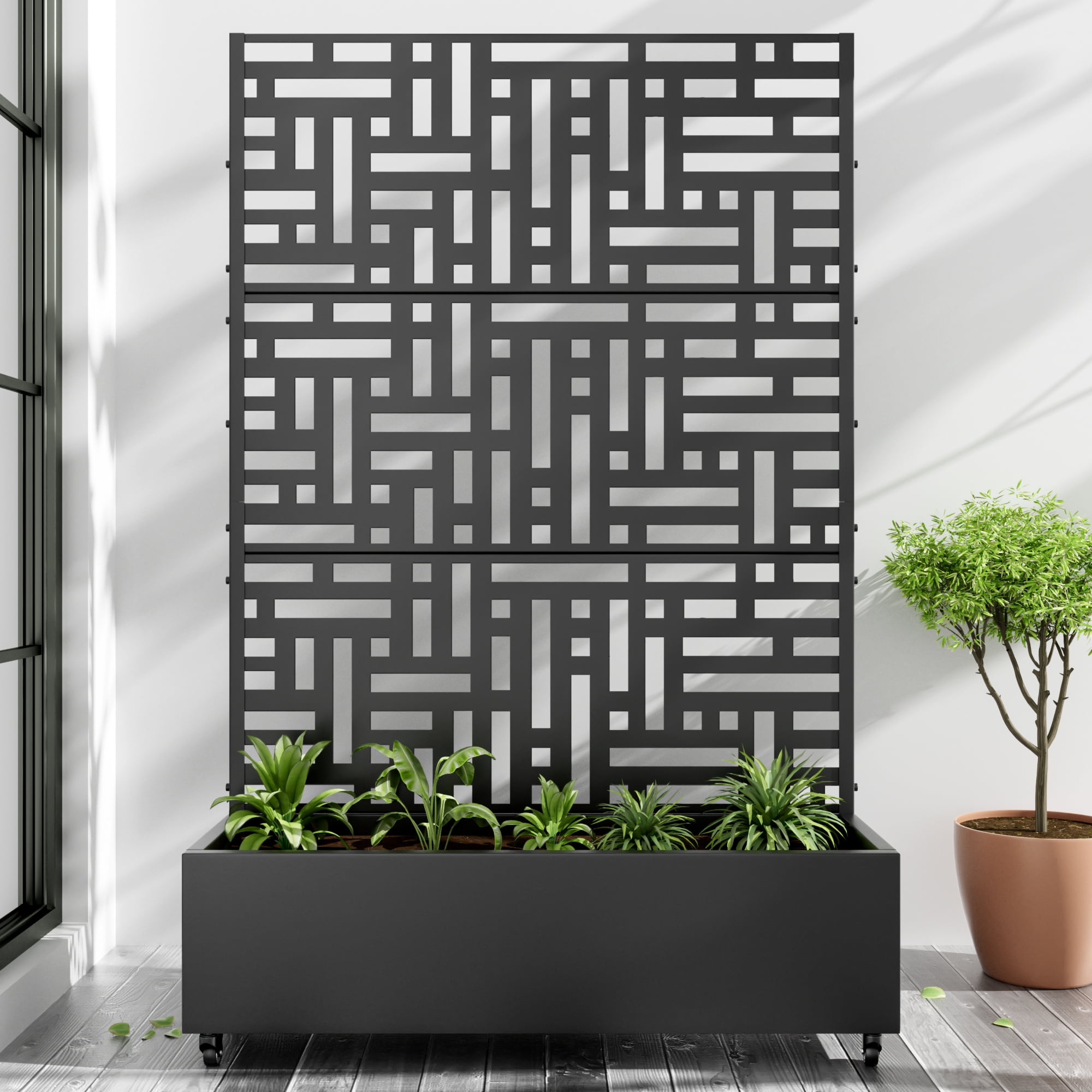 MAYEERTY 72"x47" Metal Rectangle Flower Pots and Planter Raised Garden Bed with Trellis for Vine Climbing Plants, Black