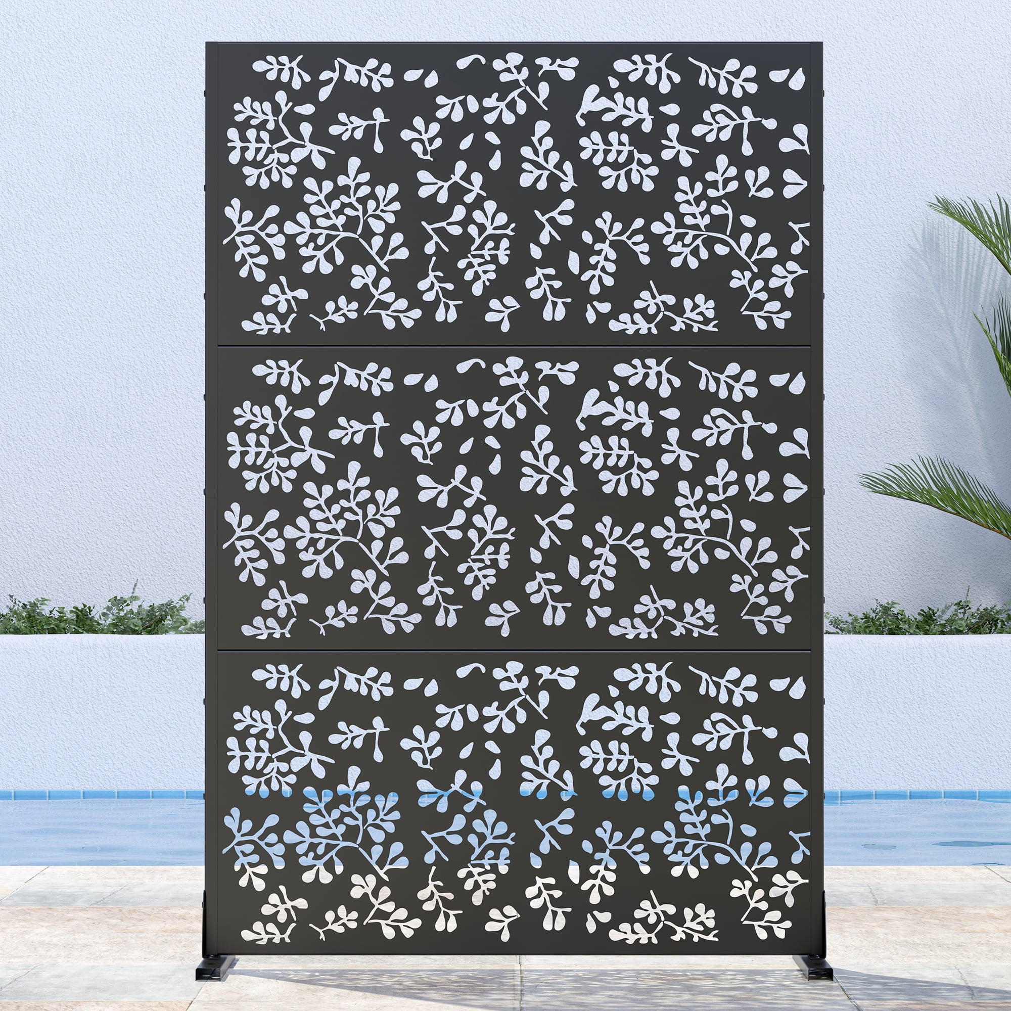 MAYEERTY 72"x47" Outdoor Privacy Screen with Stand, 3 Panels Metal Balcony Decorative Screen, Black