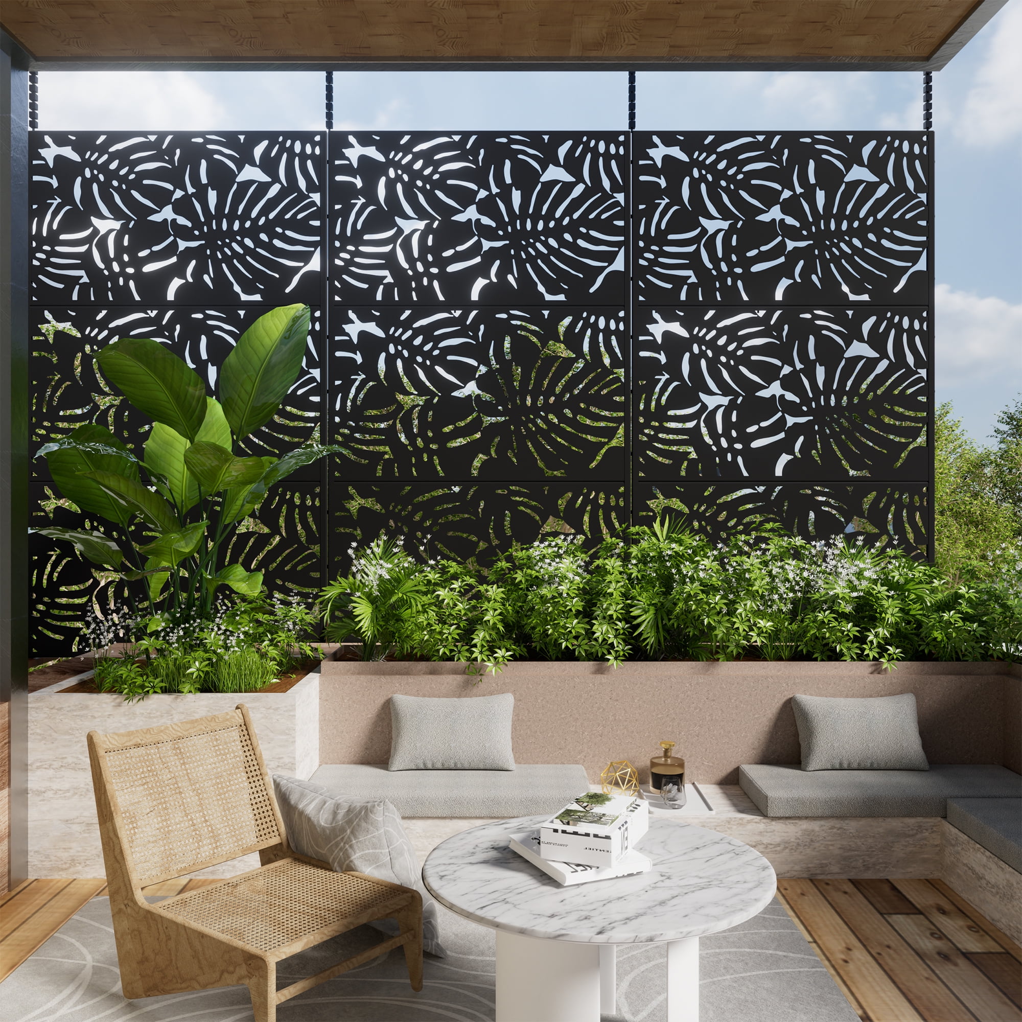 72"x47" Outdoor Privacy Screen with Stand Metal Balcony Decorative Screen,Black