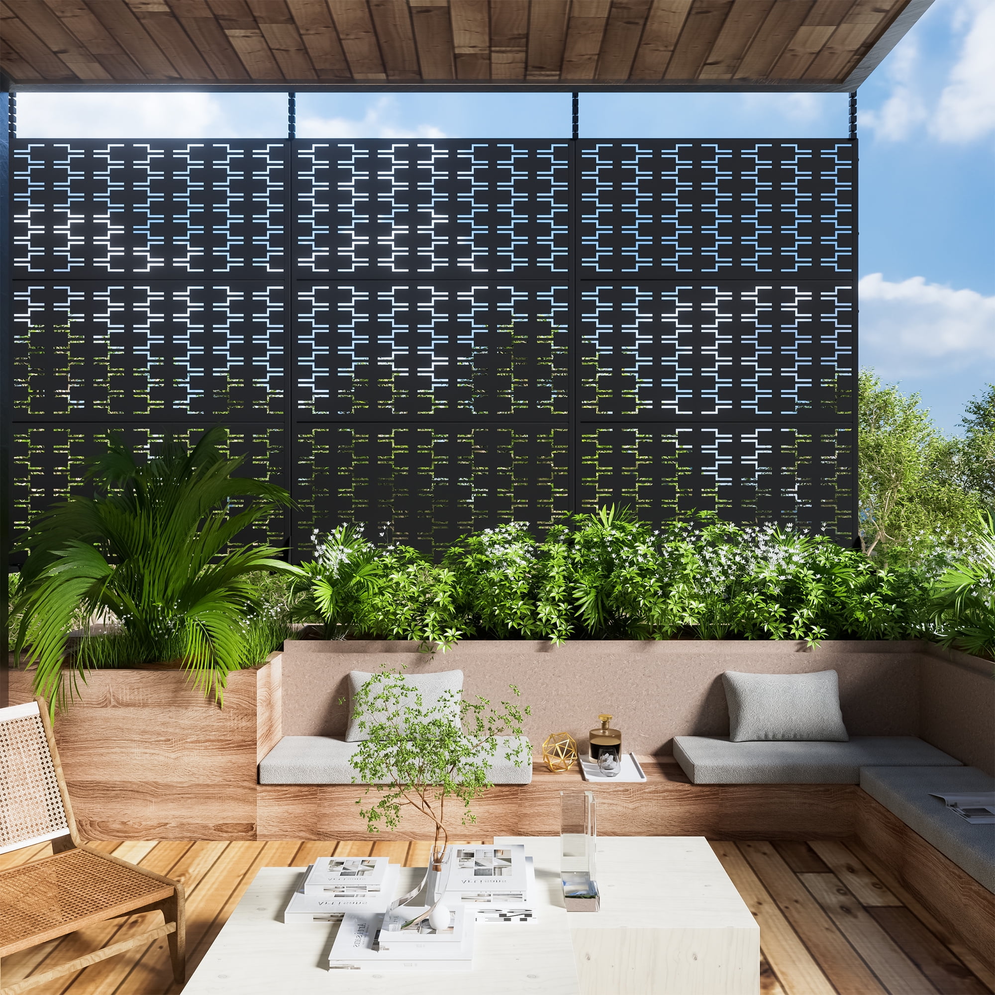 72"x47" Outdoor Privacy Screen with Stand Metal Balcony Decorative Screen,Black