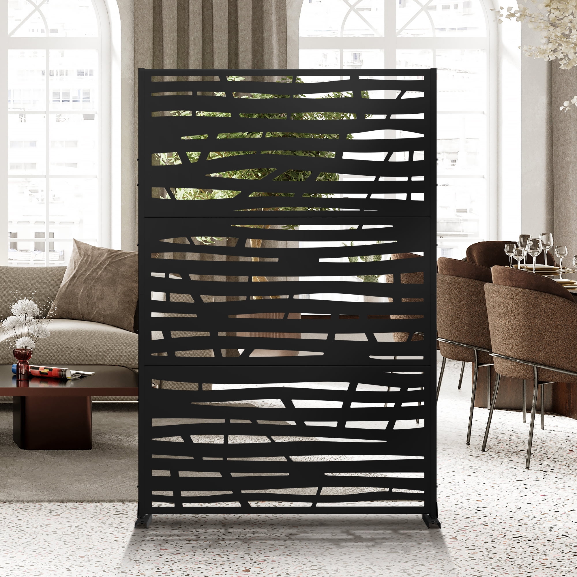 72"x47" Outdoor Privacy Screen with Stand Metal Balcony Decorative Screen,Black