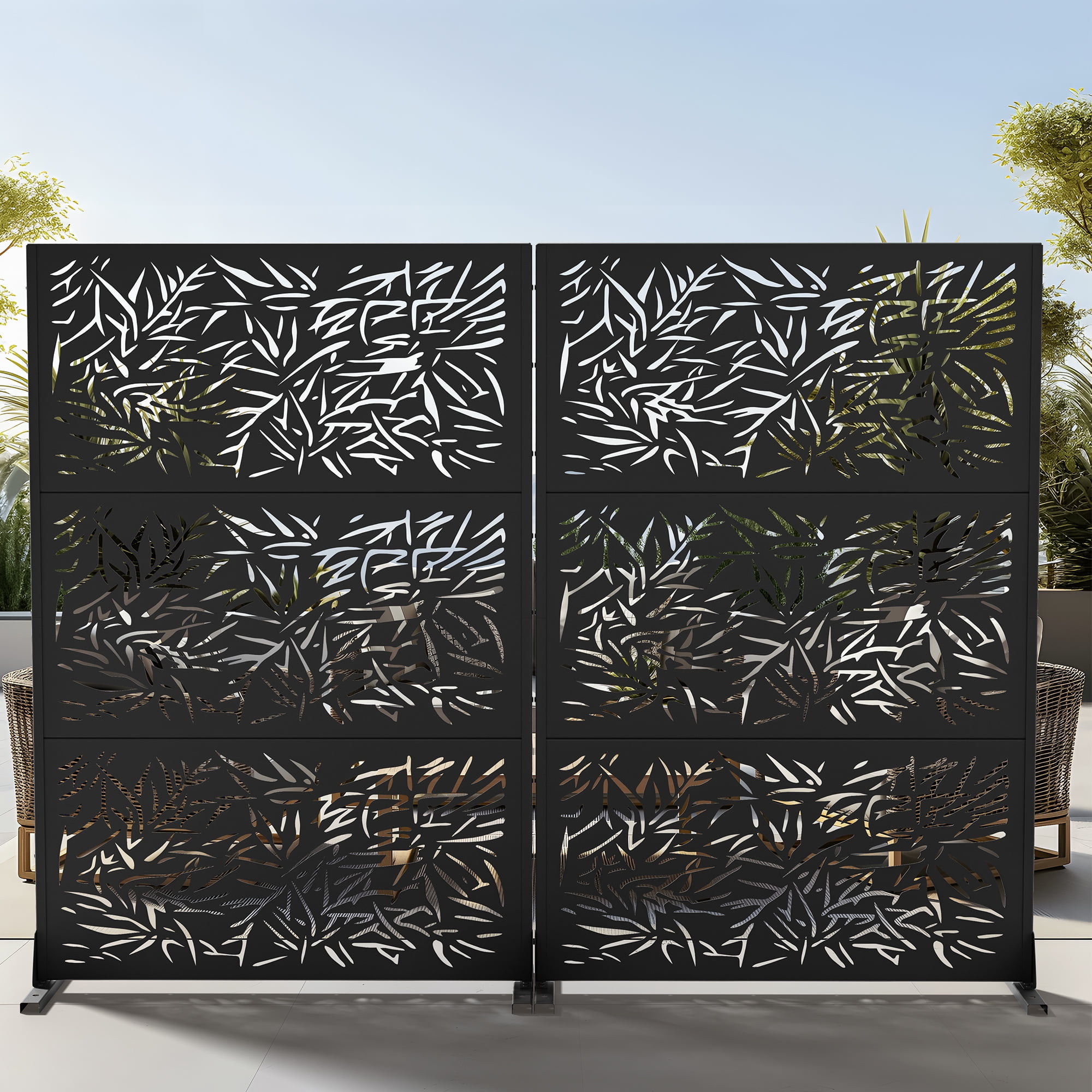 72"x47" Outdoor Privacy Screen with Stand Metal Balcony Decorative Screen,Black