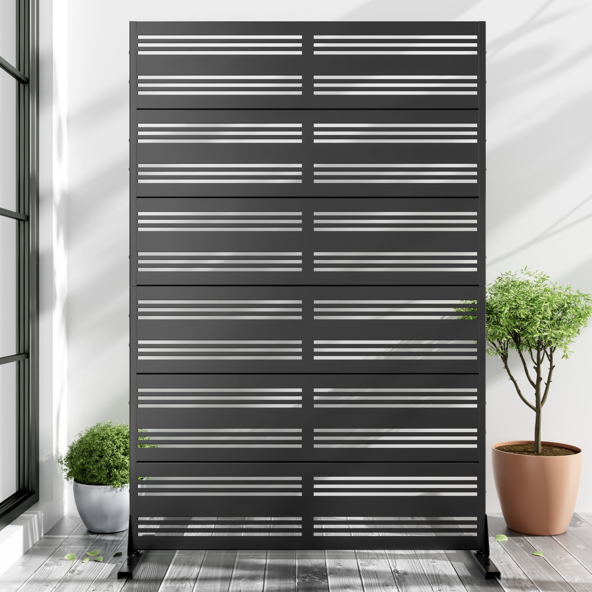 72"x47"x16" Outdoor Privacy Screen with Stand Metal Balcony Decorative Screen,Black