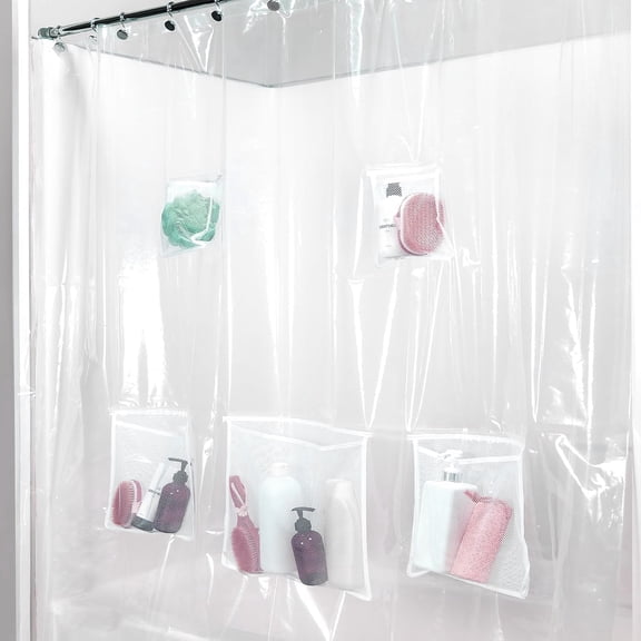 72"x72" - PEVA Clear Heavyweight Thick Shower Curtain Liner With Mesh Storage Technology Pockets