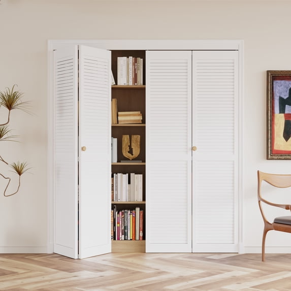 72"x80"(2 sets of 36'') Louvered Wood Solid Core Manufactured Wood Bi-Fold Door with Installation Hardware Kit