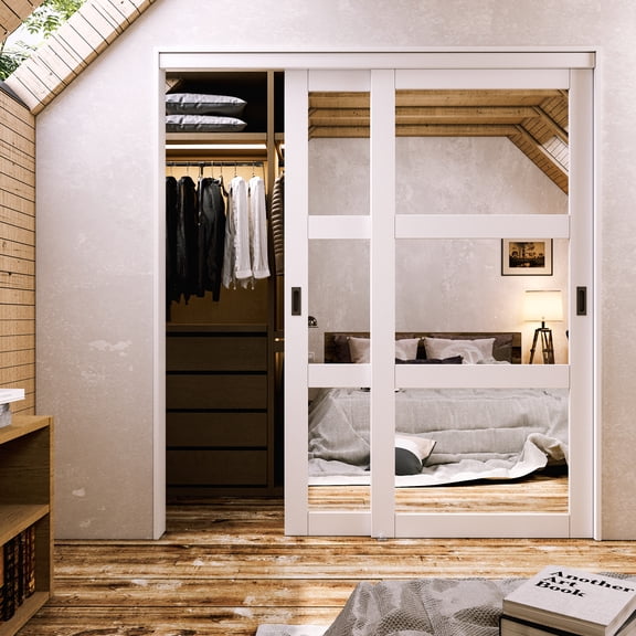 72"x80" Mirrored Closet Sliding Doors With Hardware Kit & Handles