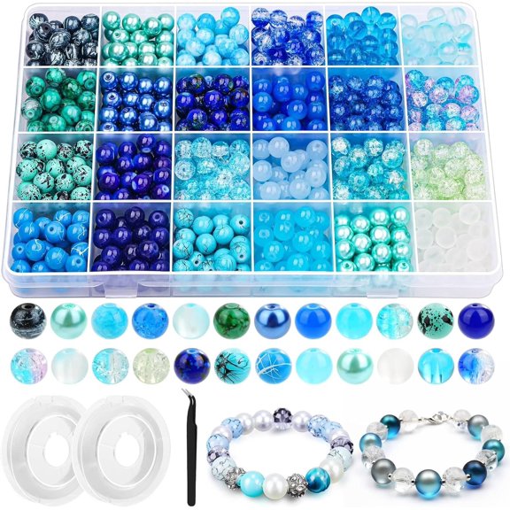 720 count Glass Beads for Making 8mm, 24 Colors Bead Bracelet Making Kit Blue Round Loose Beads for Bracelet Earring Necklace Making Supplies