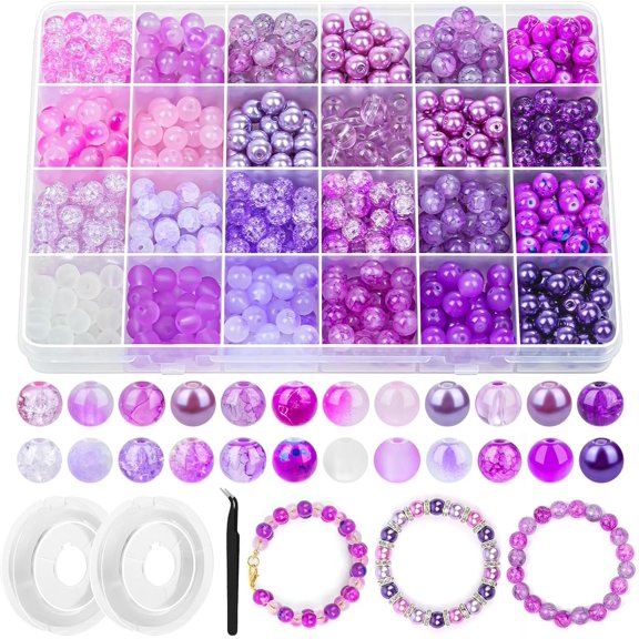 720 count Glass Beads for  Making 8mm, 24 Colors Bead Bracelet Making Kit Purple Round Loose Beads for Bracelet Earring Necklace  Making Supplies
