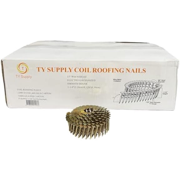 7200 Count Coil Roofing Nails 1-1/4-Inch x .120-Inch 15-Degree Round Head Wire Weld Collated Smooth Shank Electro Galvanized Coil Roofing Nails for Roofs Lathing and Sheathing Materials$$Hardware