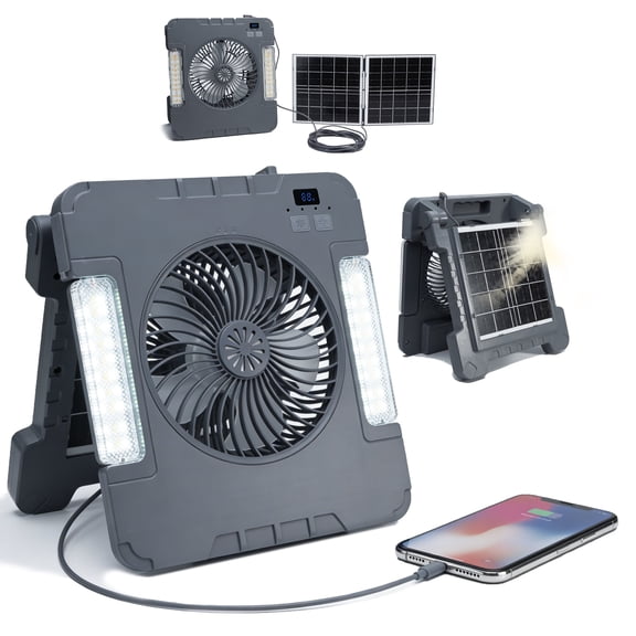 7200mAh Solar Fan with LED Lantern,Rechargeable Solar Powered Fans for Outside with 4 Speeds Wind and Brightness Battery Powered Portable Fans for Camping Fishing Travel Hiking Hurricane Power Outage