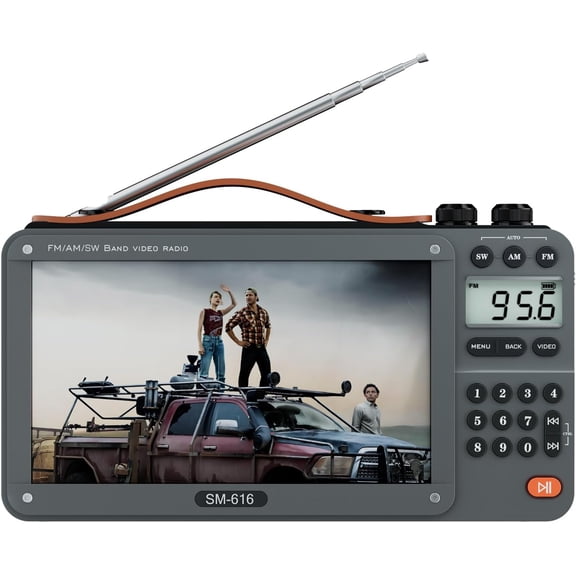 720P 7Inch Screen AM FM Movie Video Radio with Bluetooth Speaker, Rechargeable Digital Shortwave MP3 MP4 Player Radio, Support USB/Micro SD Card, Loud Speaker and Headphone Jack (NO TV)