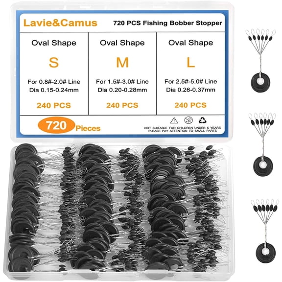720PCS Fishing Bobber Stopper, Oval Floats Sinker Stops, 6 in 1 Black Rubber Bobber Stops, L M S Size Float Stop Kit