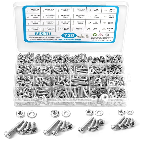720Pcs Machine Screw Assortment Kit, #10-24#8-32#6-32#4-40 Phillips Pan Head Assorted Nuts Bolts and Flat Washers Kit, Stainless Steel Screws Hardware Assortment with Case