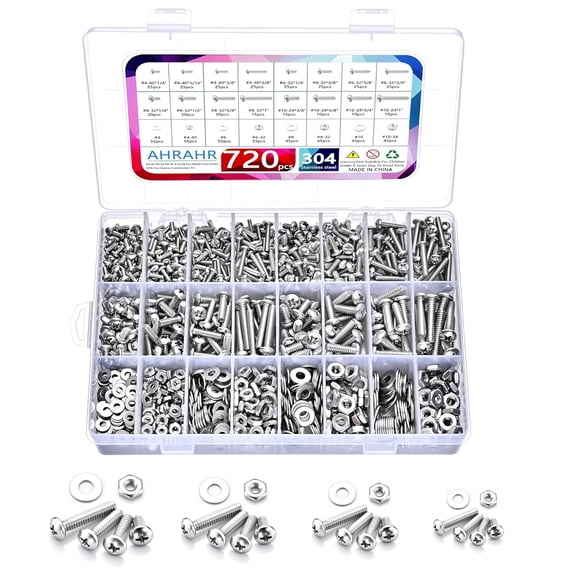 720Pcs Machine Screw Assortment Kit, #10-24#8-32#6-32#4-40 Phillips Pan Head Assorted Nuts Bolts and Flat Washers Kit, Stainless Steel Screws Hardware Assortment with Case