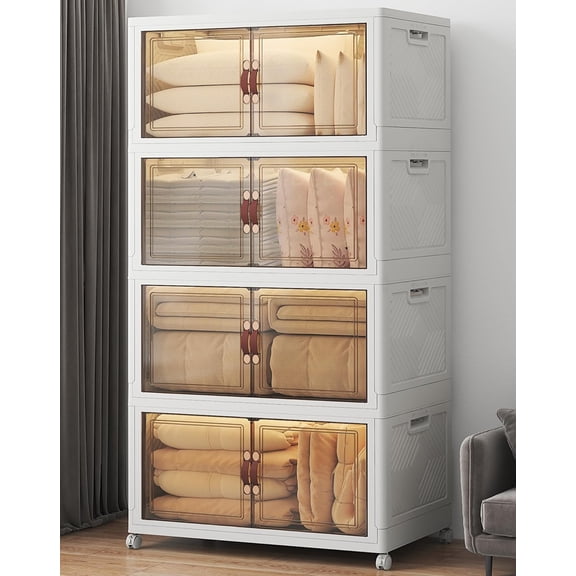 720QT Stackable Storage Bins with Lids | Extra Large Storage Cabinet with Doors and Wheels, Collapsible Plastic Storage Box for Bedroom Dorm Office Garage