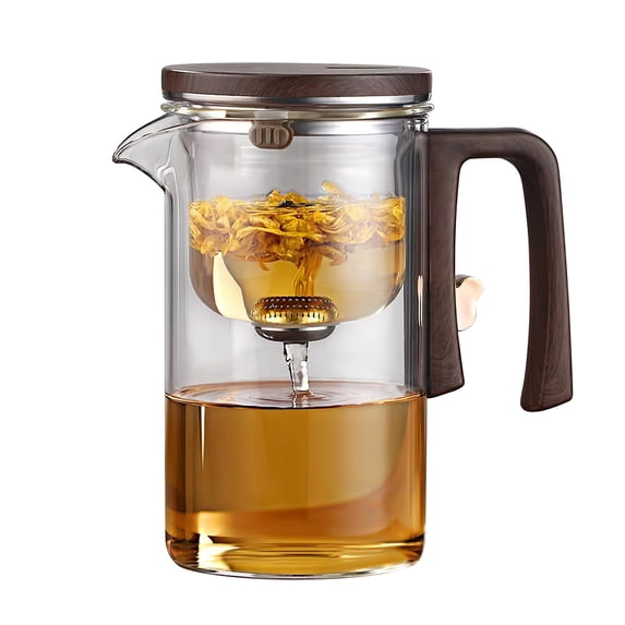 720ml / 24oz Filter Glass Teapot with Removable Infuser, Wooden Handle and Strainer, One-Hand Operation Tea Strainer Pot, Press-Control Teapot