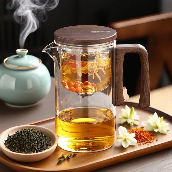 720ml / 24oz Filter Glass Teapot with Removable Infuser, Wooden Handle and Strainer, One-Hand Operation Tea Strainer Pot, Press-Control Teapot