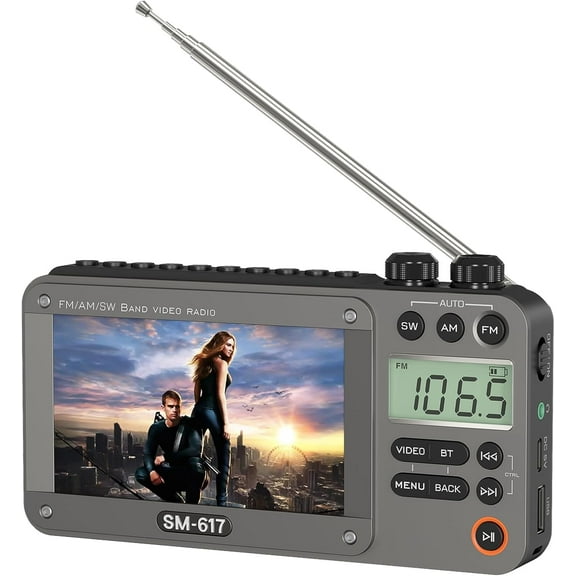720p 4.3" Screen AM FM SW Movie Video Radio with Bluetooth, Rechargeable Pocket Digital Movie Video Player Radio, Support USB/Micro SD Card, 5W Loud Speak and Headphone Jack for Travel Gifts