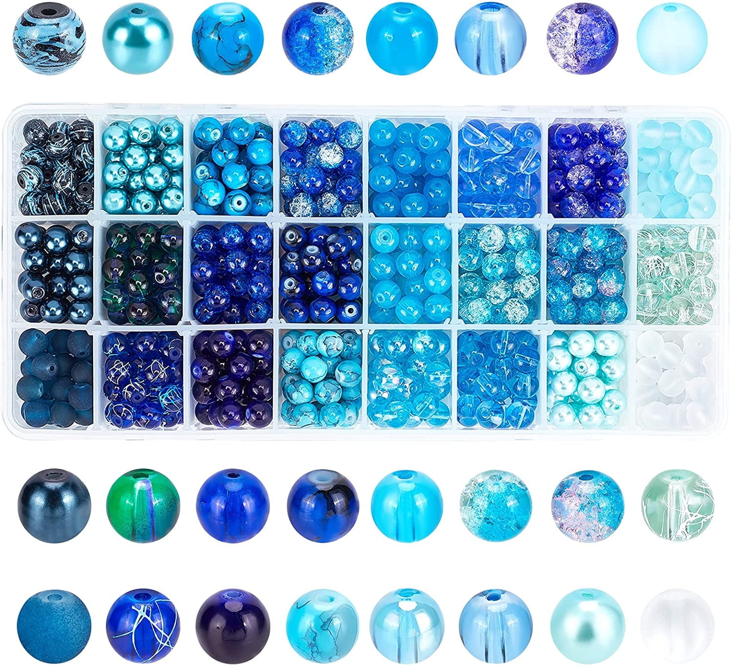 720pcs 8mm Blue Beads for Jewelry Making Glass Beads 24 Color Bracelet Beads Round Craft Loose Beads