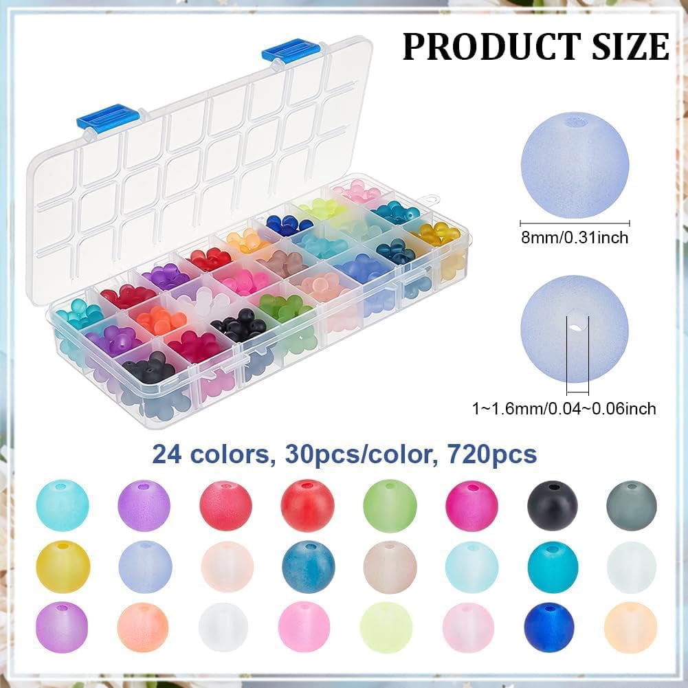 720pcs 8mm Frosted Glass Beads 24 Colors Matte Beads Colorful Spacer Beads Round Loose Beads Transparent Beads Craft Beads for Jewelry Making Bracelets Necklace Earring DIY Craft