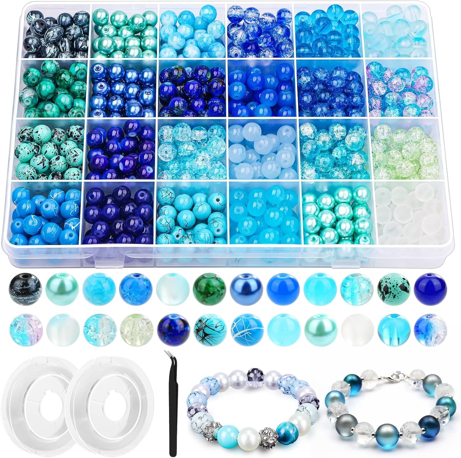 720pcs Glass Beads for Jewelry Making 8mm, 24 Colors Bead Bracelet Making Kit Blue Round Loose Beads for Bracelet Earring Necklace Jewelry Making Supplies