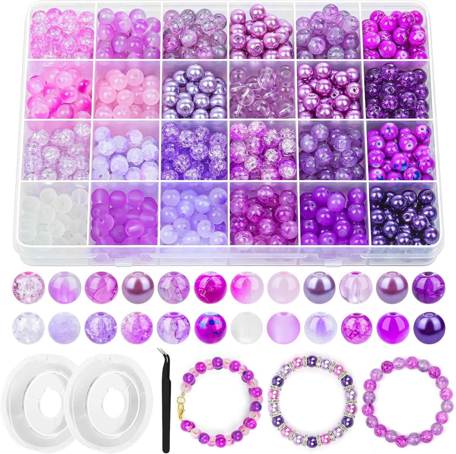720pcs Glass Beads for Jewelry Making 8mm, 24 Colors Bead Bracelet Making Kit Purple Round Loose Beads for Bracelet Earring Necklace Jewelry Making Supplies