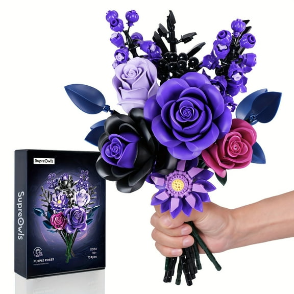 724pcs Of Special Purple Roses, Compatible With Lego Flower Building Blocks. Valentine'S Day Birthday Everlasting Flower Bouquet Gift. Suitable For Family Art Tabletop Decoration.