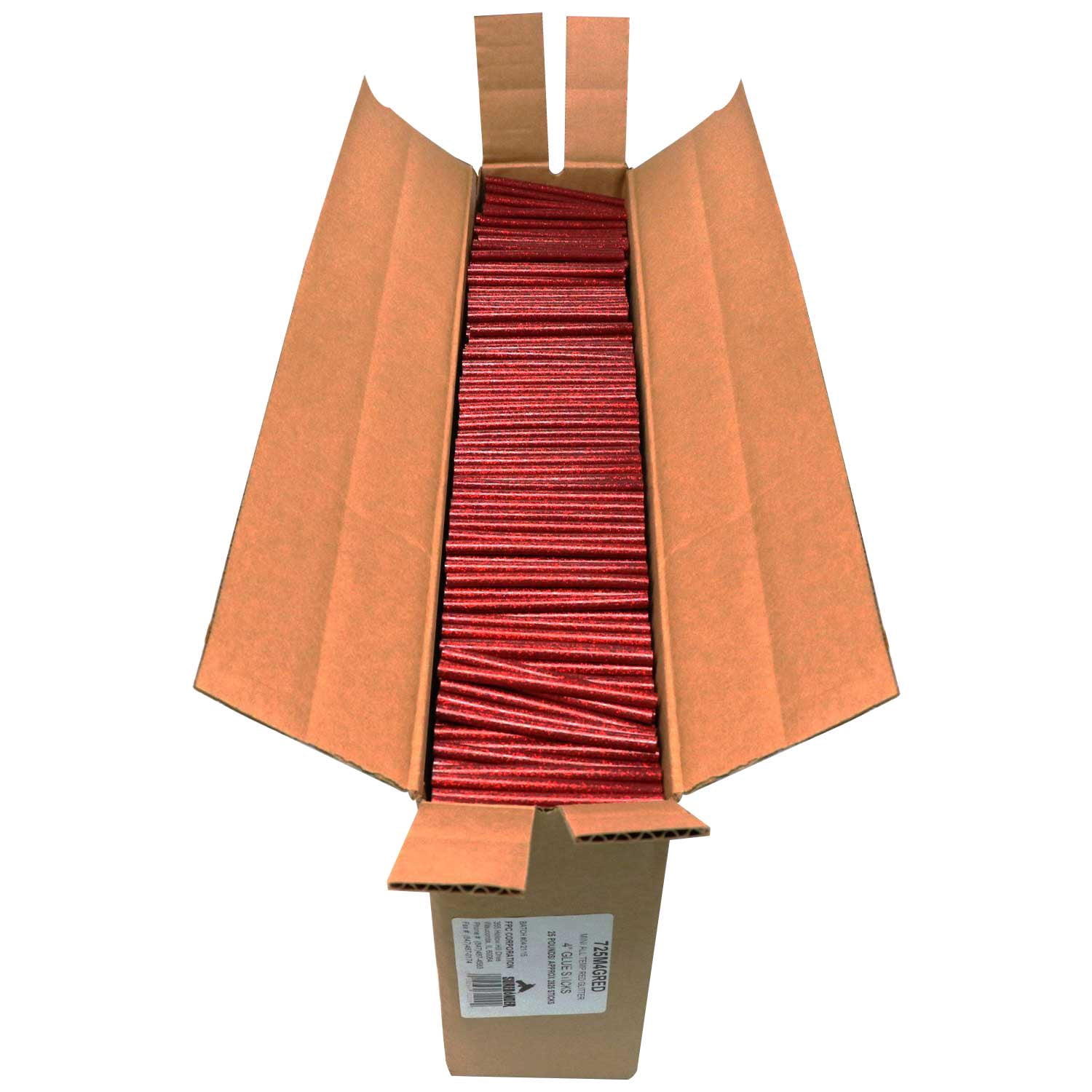 725M4GRED Mini Size 4" Red Color Glitter Hot Glue Stick - 25 lb Box