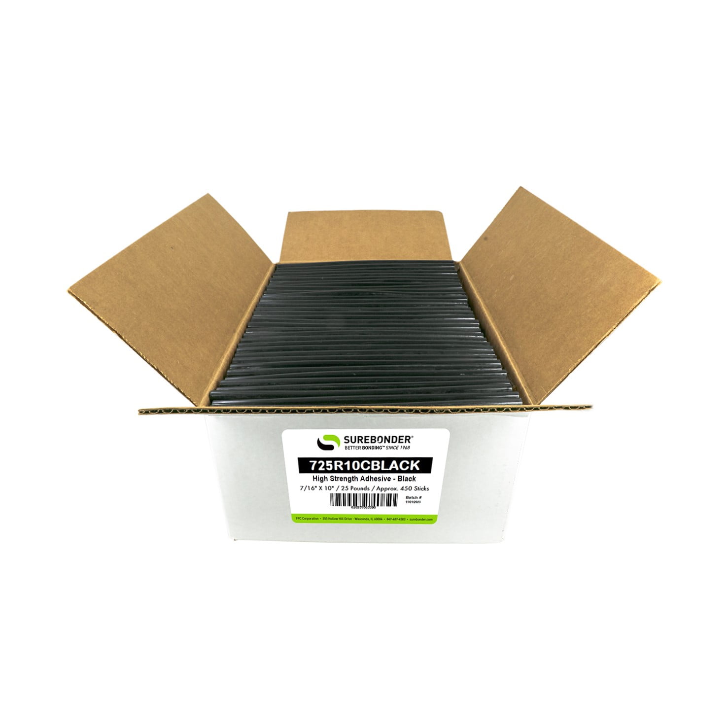 725R10BLACK Full Size 10" Black Color Glue Stick -25 lb Box - Approx. 450 Sticks