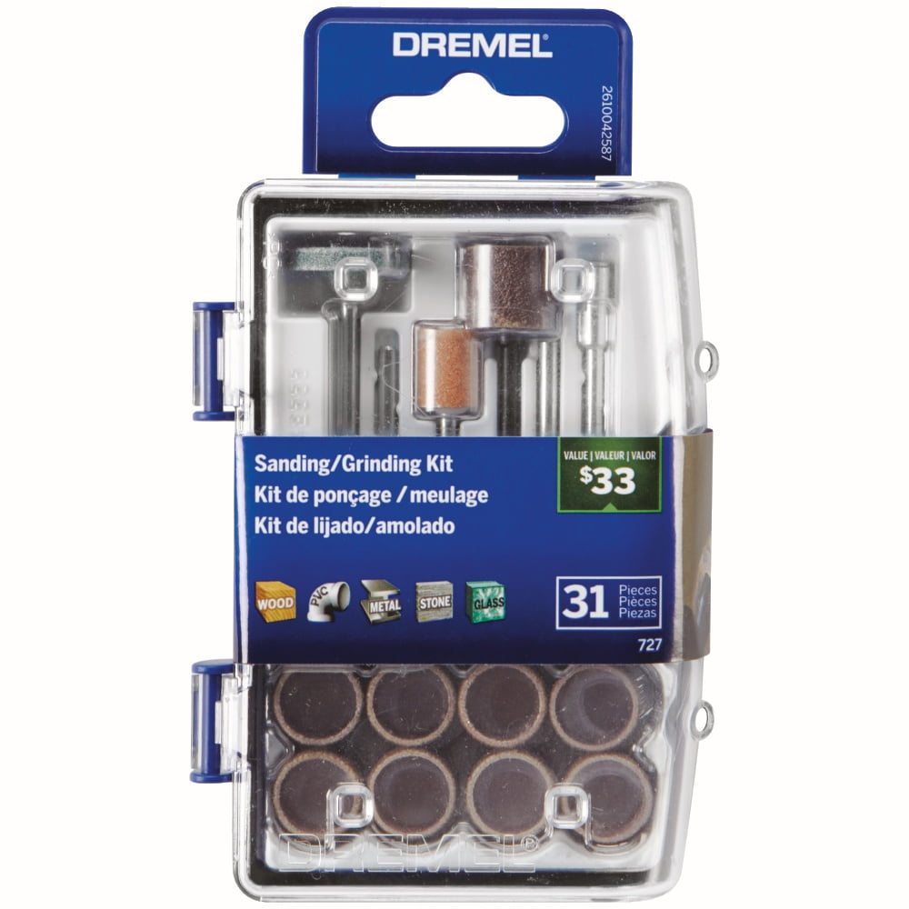 Dremel 727-01 Sanding & Grinding Rotary Tool Accessory Kit with Case, 31-Piece – Includes Grinding Stones, Sanding Bands, Cut-Off Wheel and Mandrel