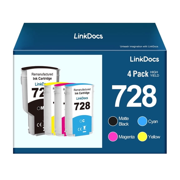 728 Ink Cartridge Compatible for 728 Ink Cartridge to use with DesignJet T730 36-in T830 36-in MFP F9J68A 728 MBk F9J67A 728 C F9J66A 728 M F9J65A 728 Y (4 Pack BCMY)