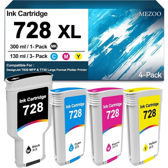 728 Ink Cartridge High Yield F9J68A F9J67A F9J66A F9J65A Compatible with DesignJet T830 MFP & T730 Large Format Plotter Printer(4-Pack, Matte Black,Cyan,Magenta,Yellow)
