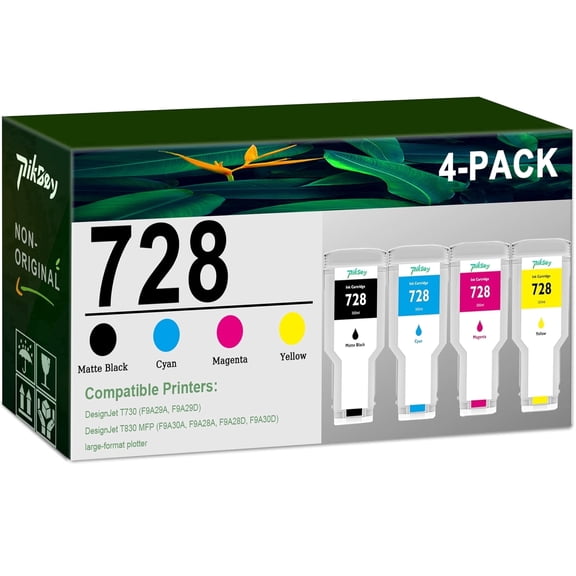728 Ink Cartridges 4-Pack (300ml Matte Black/Cyan/Magenta/Yellow) - Compatible HP728 Ink Cartridge for DesignJet T830 MFP & T730 Large Format Plotter Printer